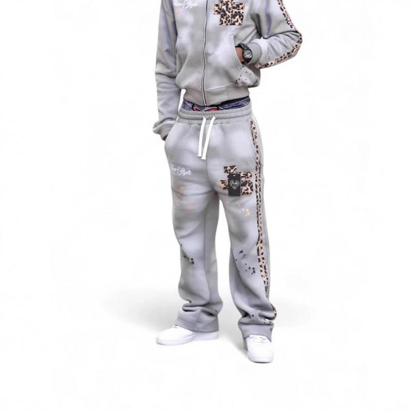 Streetwear mikina s kapucí a kalhoty Set Muži Ženy Leopard Písmeno Na zip Rovné nohavice