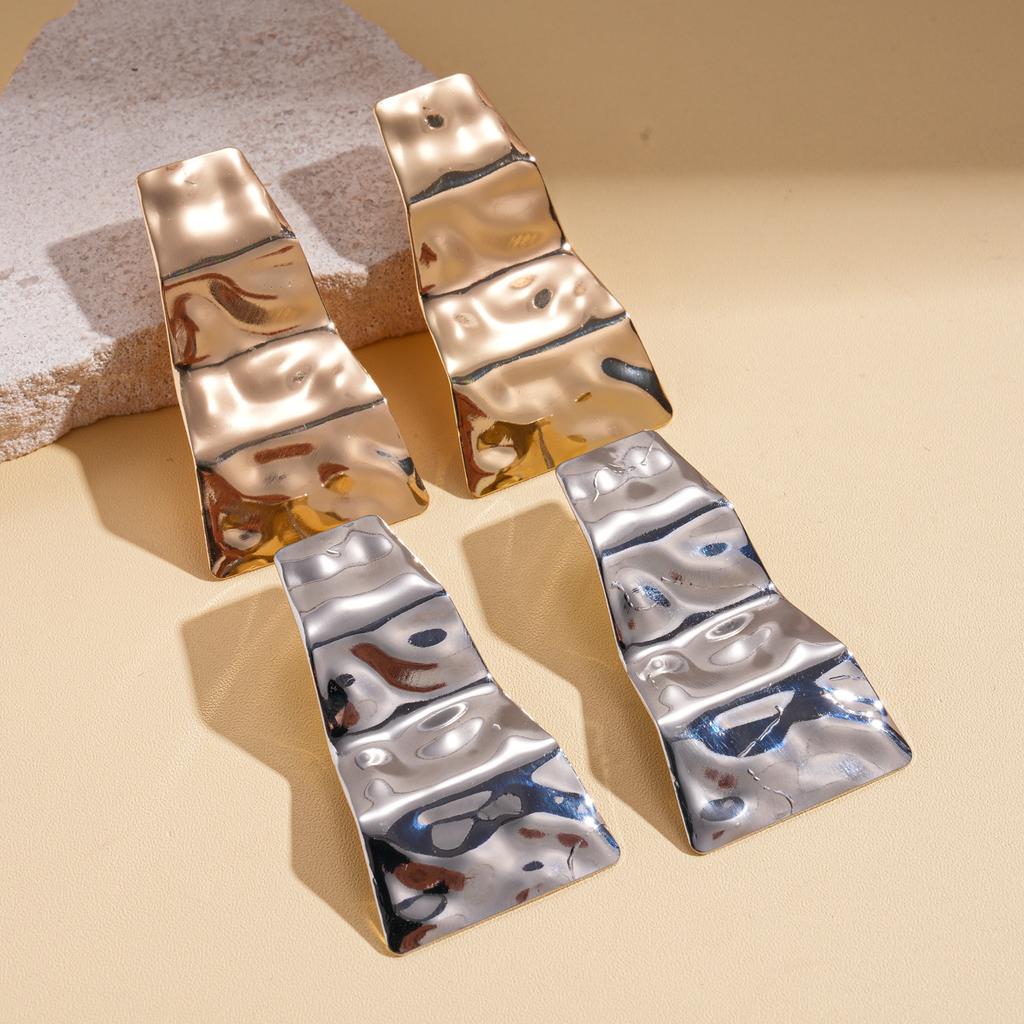 Metallic glossy pleated square silver needle stud earrings fashionable exaggerated earrings