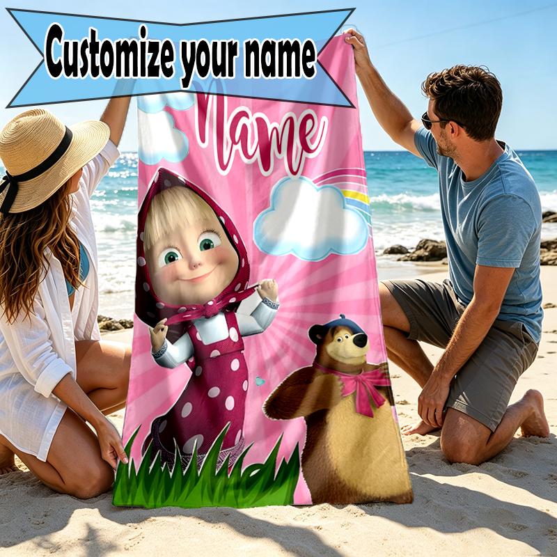 Custom Name Personalized Masha and The Bear Print Beach Towel, for Trip Camping Beach Party Home Decor, Birthday Gift for Family & Friends