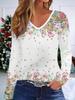 3D Flower Printed Fashion Casual Women's V-Neck Long Sleeve T-Shirt - New Year Party Clothing Holiday Gift