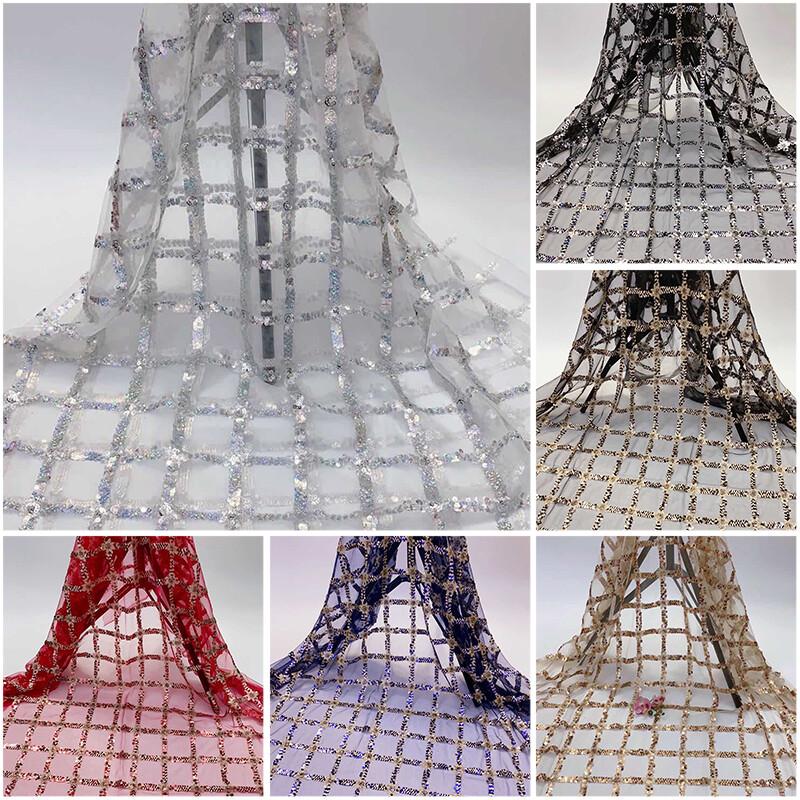 Sequin Block Embroidered Fabric Mesh Base Shiny Women Dress Diy Fashion Designer Mesh Embroidery Fabric Sew Craft Supplies