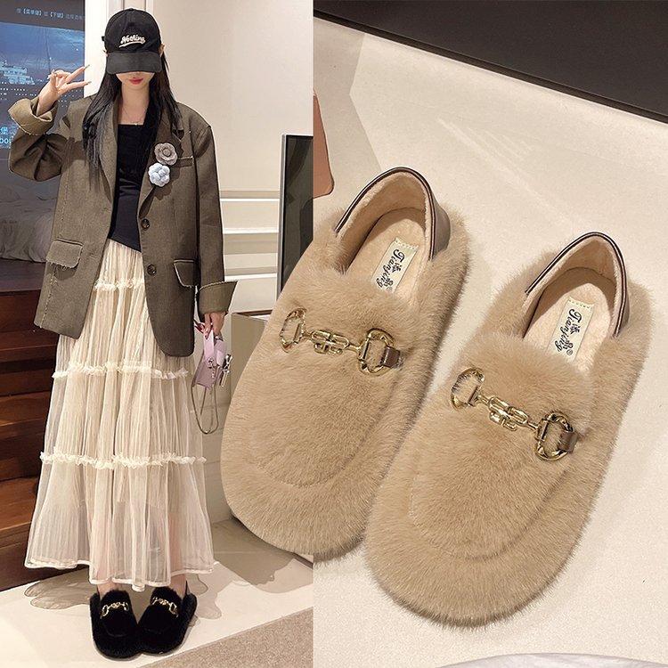 Light Luxury Style Fluffy Shoes Women's 2025 New Autumn and Winter Velvet Warm Platform Shoes One Pedal Women's Shoes Loafers Cotton Shoes