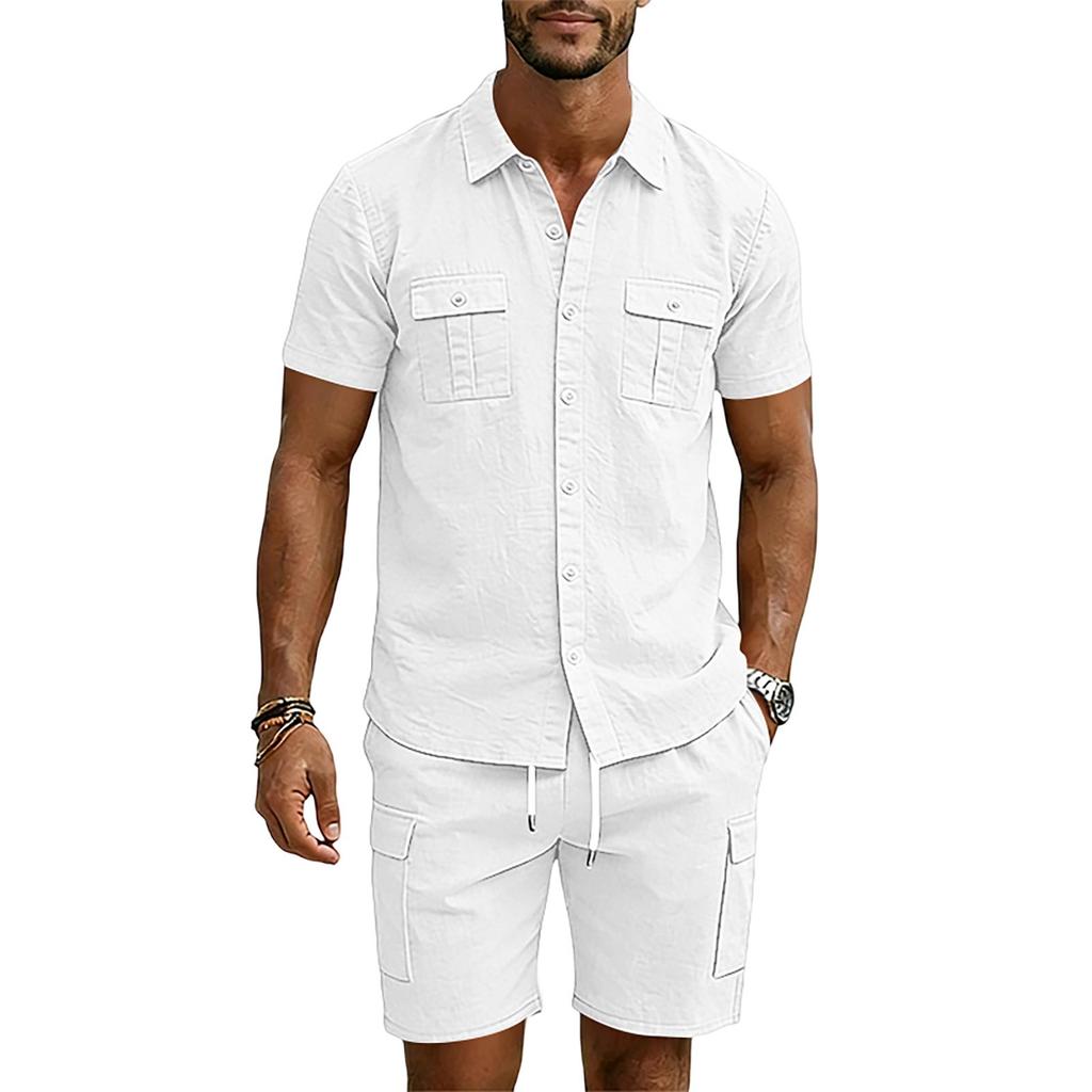 Men's Summer Linen Short Sleeve Shirt and Cargo Shorts Set Casual Lightweight Breathable Multi Pocket Two Piece Outfit