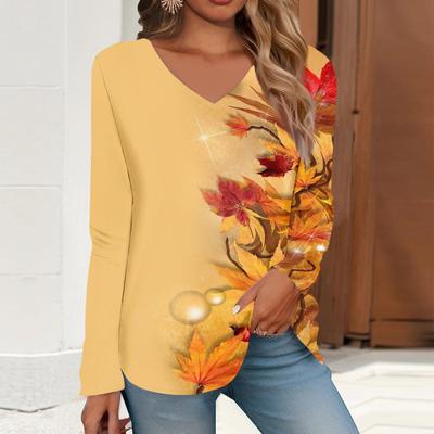 Withered Leaves In Autumn Print Women Tshirts Ladies Tops Long Sleeve V-neck Pullover Femme T-shirts T Shirt For Women
