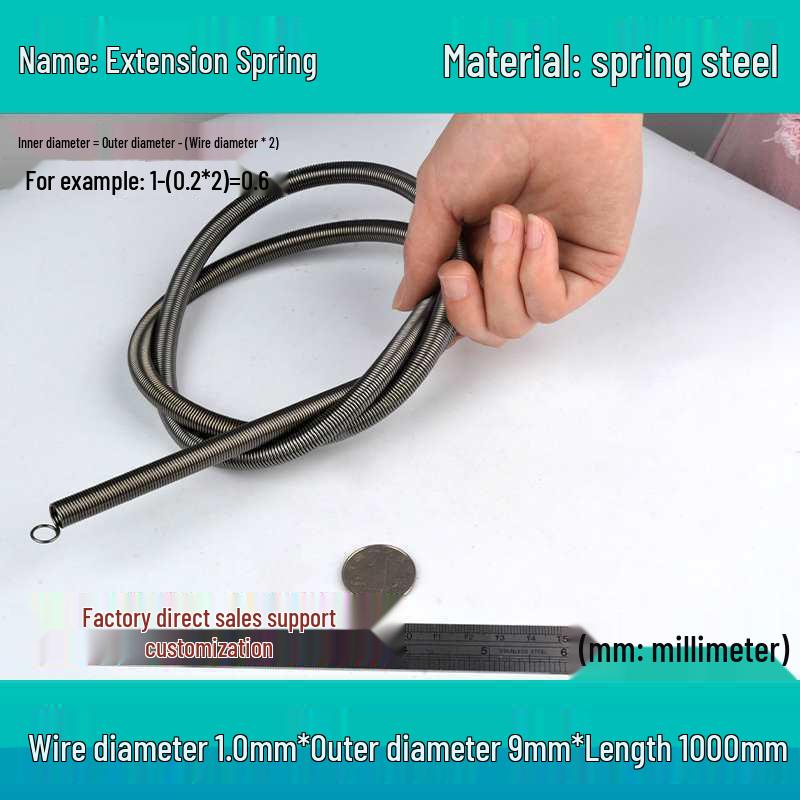 1m Spring Coil Extension with Hook - Strong Tensile Force, Thin Soft Sheath, for Tarpaulins & Sliding Doors