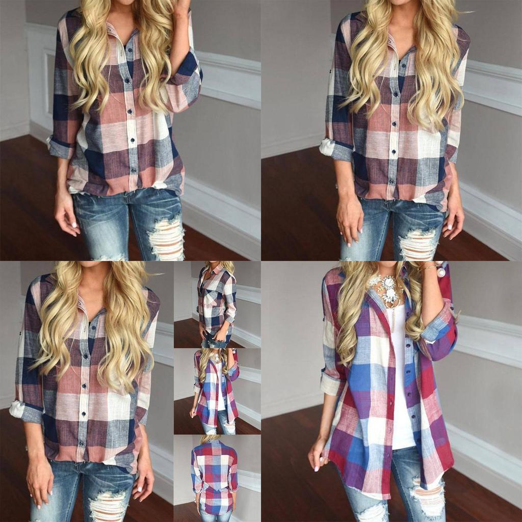 Women Long Sleeve Plaid Linen Shirt With Turndown Collar For Casual Office Wear