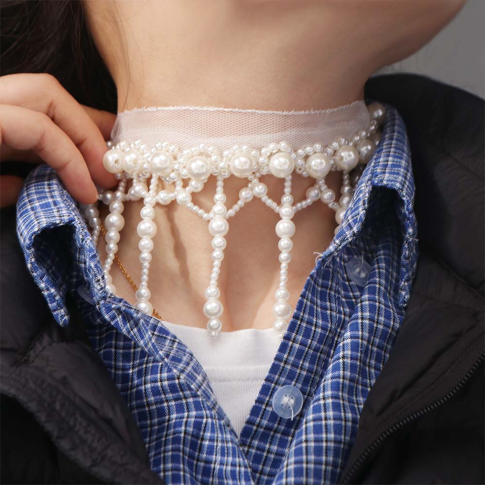 White Tassel Beads Necklace Creative Mesh Neck Jewelry Neck Pendant Pearl Lace Choker  Bride