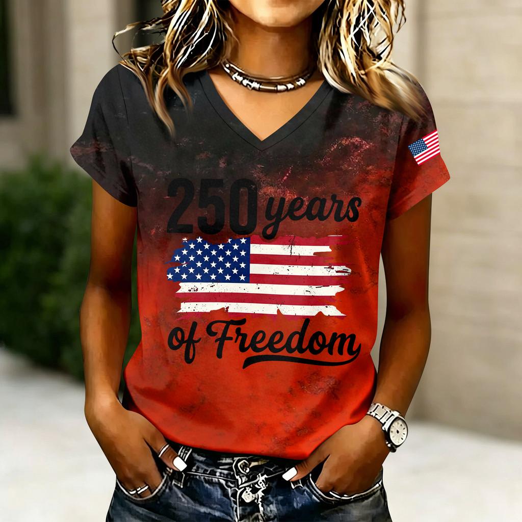 Camiseta casual de manga corta con cuello en V para mujer con estampado de letras Gráfico 250 Años de Libertad Camiseta ligera cómoda para el uso diario