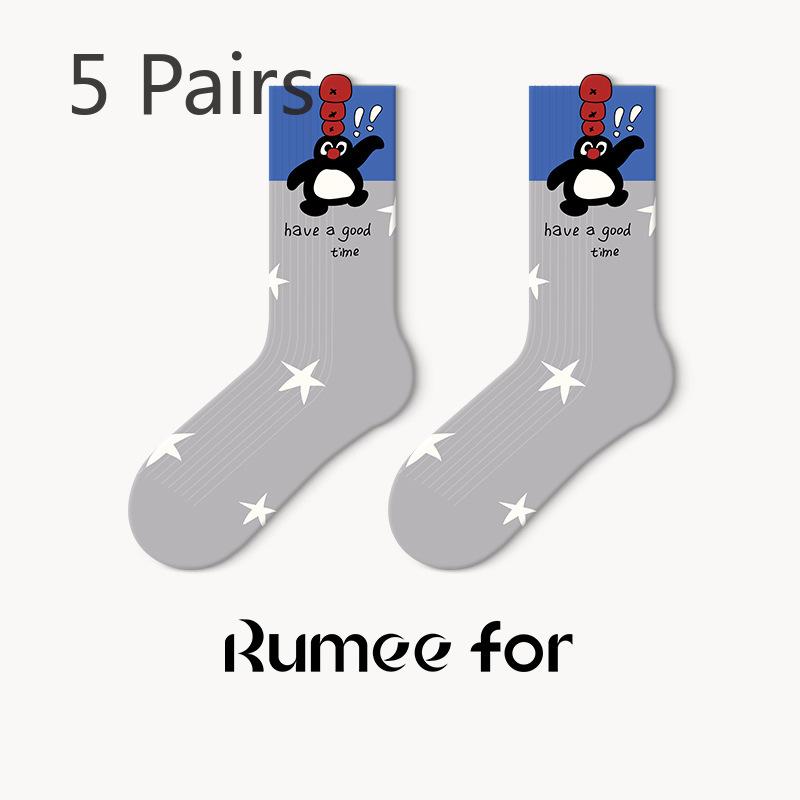 5 Pairs of Female Spring and Autumn New Student Cartoon Boneless Stripe Deodorant Wicker Socks