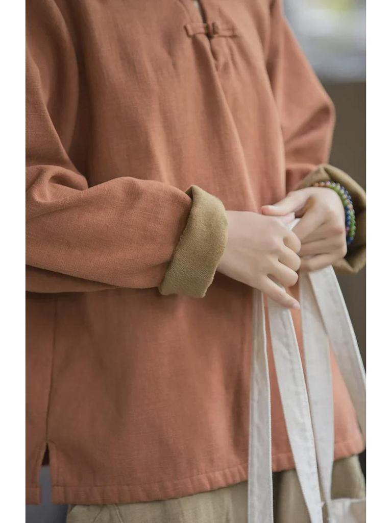 Dámská retro umělecká košile z bavlny a lnu: Jaro/Léto, S plusovým sametem, Tričko na knoflíky