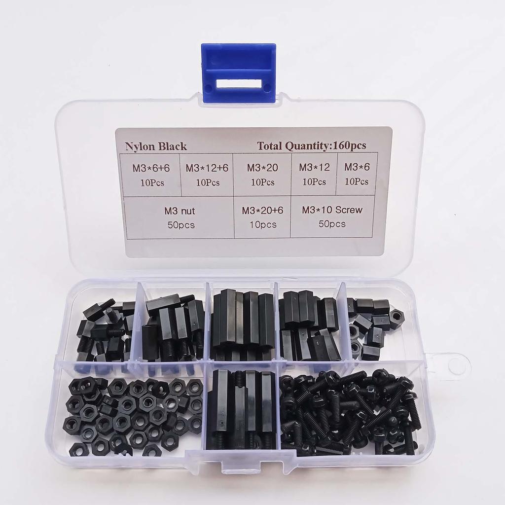 160pcs Black Nylon Screw and Standoff Set in Box