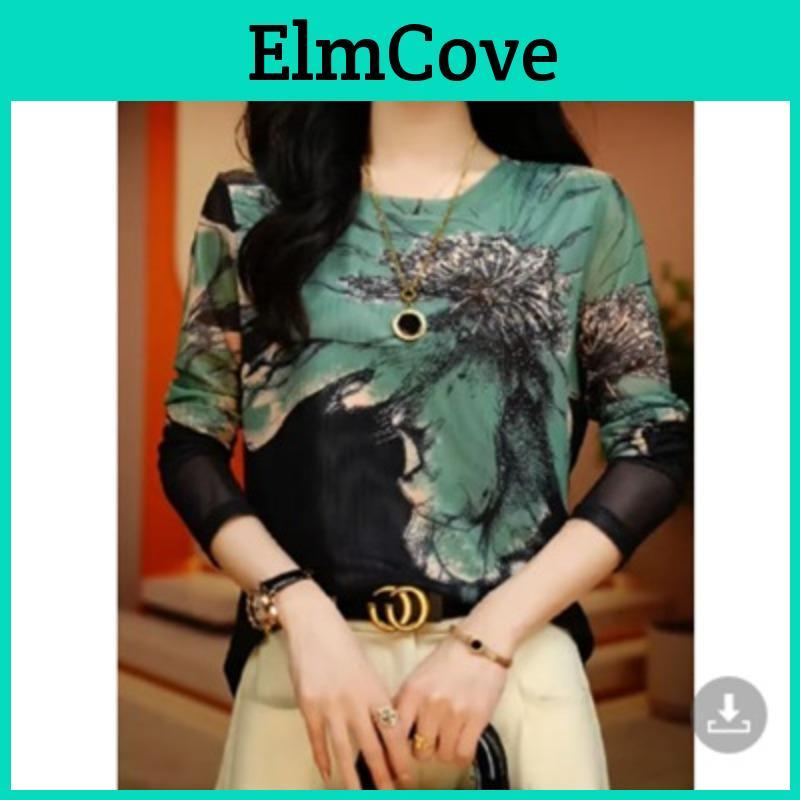 For Base Mesh Skin Shirt Women Longsleeved Printed Tshirt For Autumn New Fashionable Round Neck Top