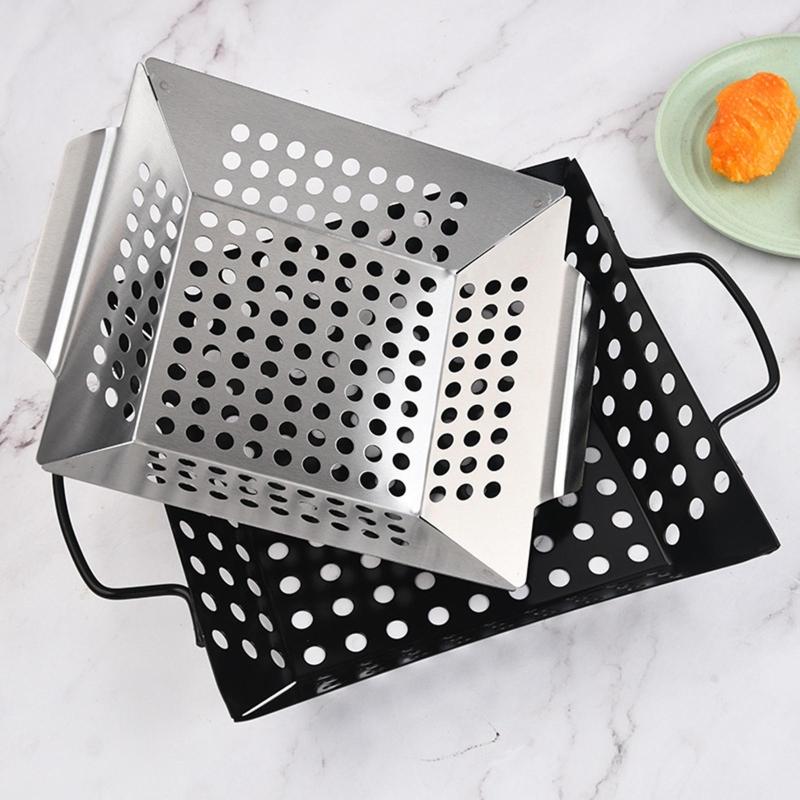 Gemüse-Grillkörbe Grillkörbe Kohlenstoffstahl Material BBQ-Platten Zubehör zum Grillen von Lebensmitteln Meeresfrüchten 3 Größen