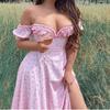 Vestido de Verão Feminino Tomara que Caia com Fenda Floral de Manga Curta para Férias, Estilo Europeu Americano Casual para Mulheres