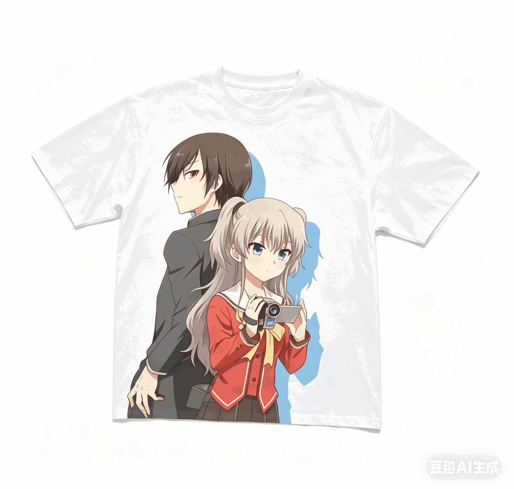 Trendy Vintage Charlotte Anime Yuu Otosaka and Nao Tomori Black Cotton Unisex Casual Graphic Women And Men T-shirt