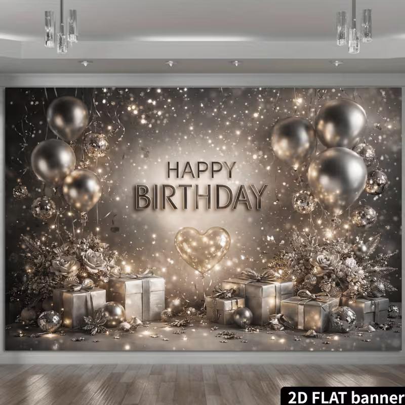2D Luxury Silver Glitter Happy Birthday Backdrop Banner for Women Birthday Party