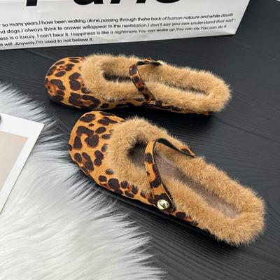 Mocassins en fourrure léopard pour femmes, pantoufles en daim, chaussures d'hiver en peluche à bout carré, marque chaussures Marie Janes, tendance 2025, confortables, zapatos mujer