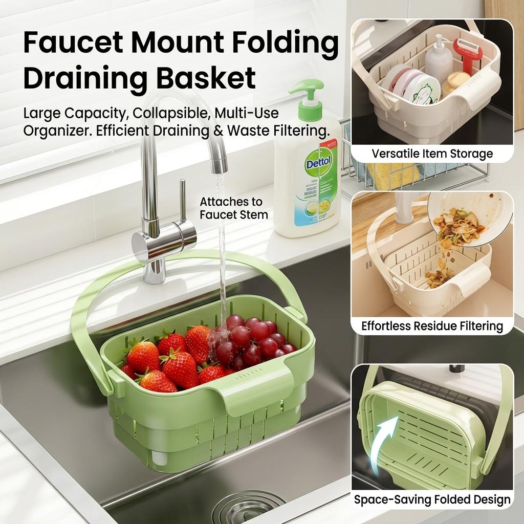 Foldable Kitchen Faucet Organizer Basket With Drainage And Residue Filter For Small Spaces