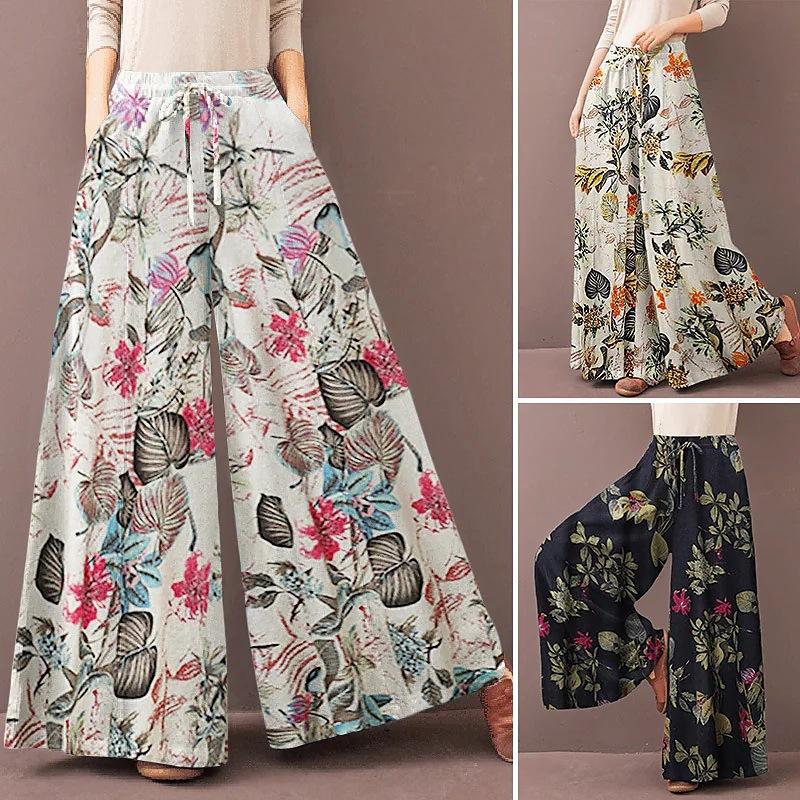Women Floral Print Wide Leg Pants Spring Autumn Fashion Drawstring Bohemia Trousers Ladies Casual Loose Elastic Waist Pantalon