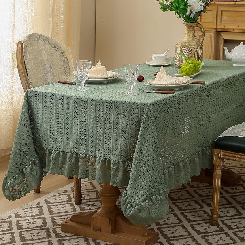 Vintage Coffee Table with Green Hollow Lotus Leaf Edge Lace Tablecloth and Rectangular Dining Table Cloth