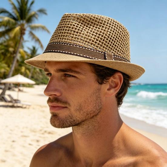 Jazz Hat Hollow Design Breathable Summer Sun Protection Hat with Ribbon Decor Wide Brim Straw Hat Outdoor Cycling Versatile Headwear