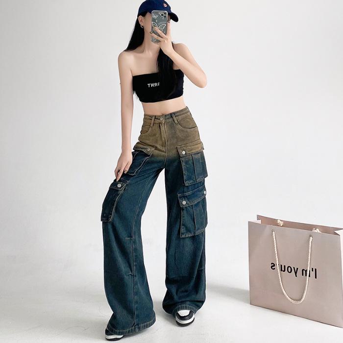 

Женские ретро джинсы с широкими штанинами и градиентным эффектом, дизайн с множеством карманов, 2024 M