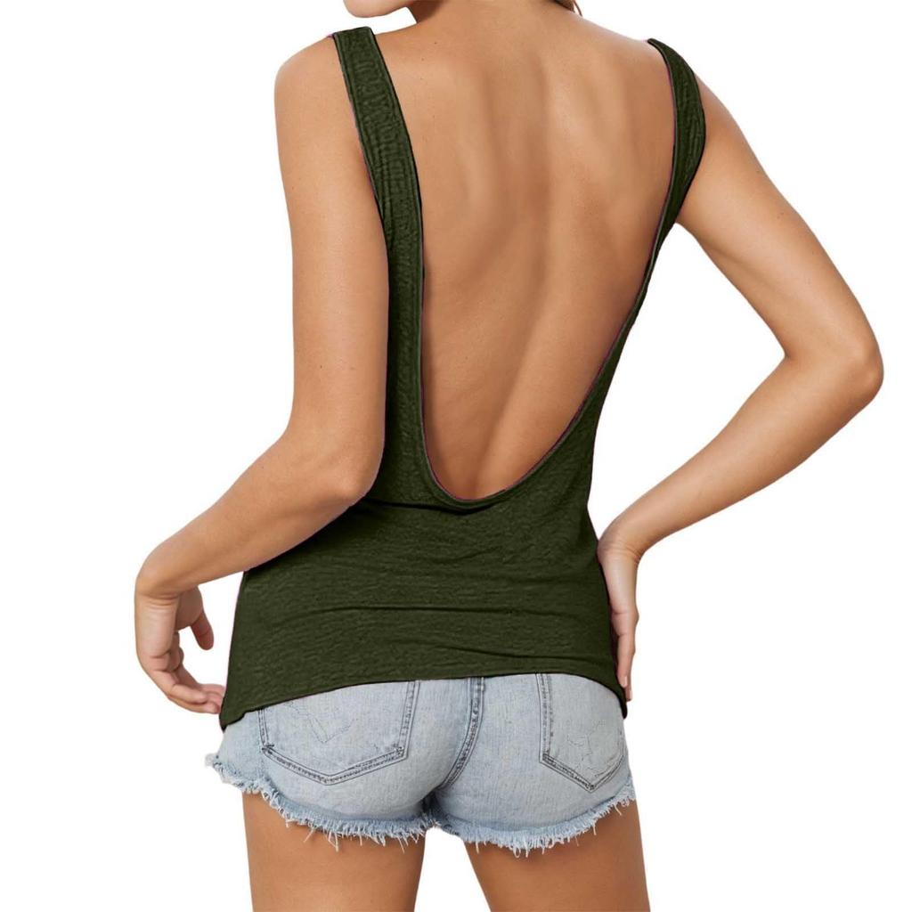 Women Sleeveless Deep V Backless Fitted Stretch Tank Top Solid Basic Slim Fit Vest Casual Summer Fashion Shirt