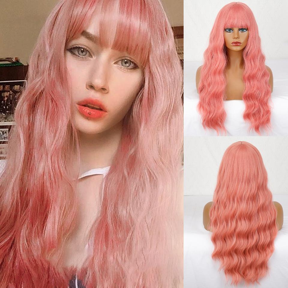 XINRAN Women Long Wavy Wig with Bangs Synthetic Fiber Natural Water Wave Black Long Wig for Daily Wear Cosplay