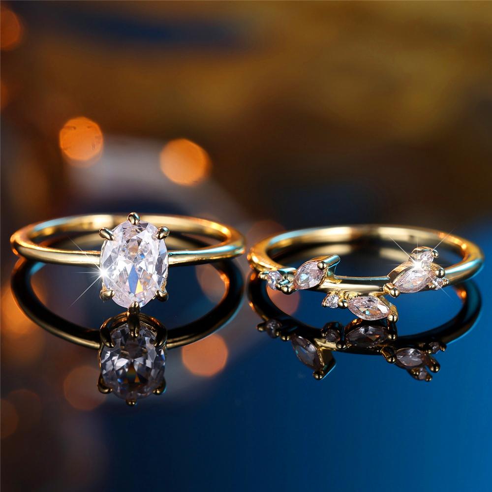 Crystal Female White Zircon Oval Stone Ring Set Fashion Vintage Gold Color Bridal Wedding Engagement  For Women