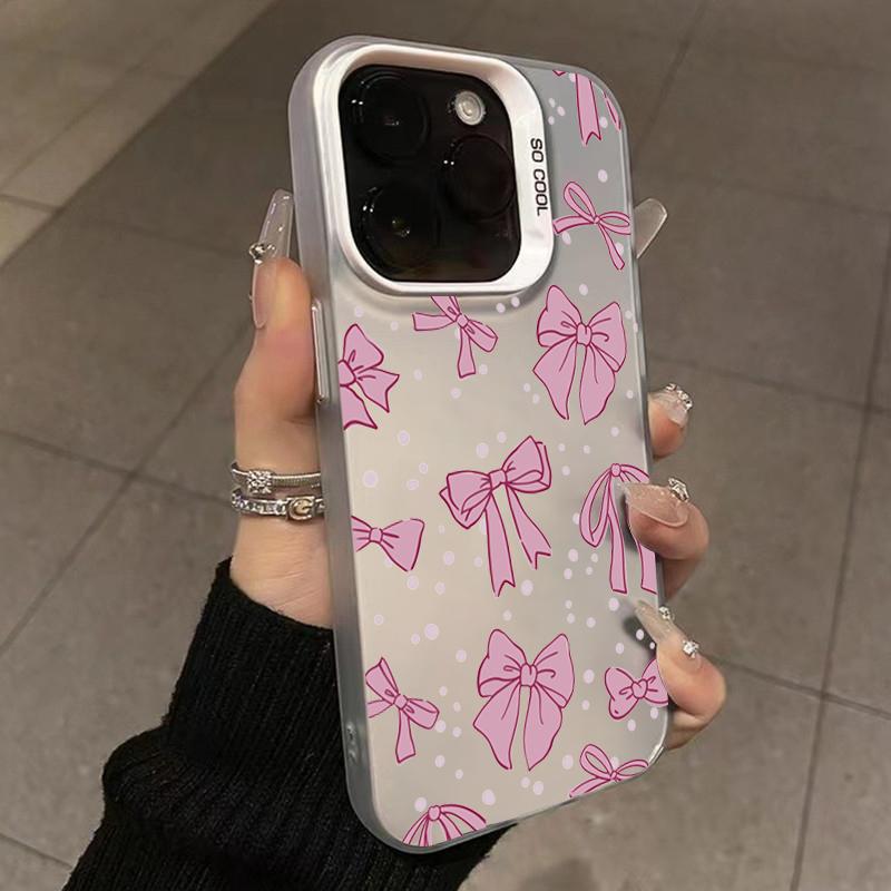 Ins Korean Simple Pink Bow Phone Case for iPhone 15 Pro Max 14 13 12 11 XS X XR 7 8 Plus 15 Luxury Lens Protection Laser Cover