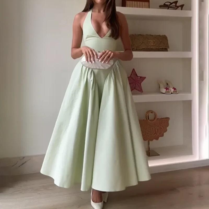 

Жіноча Весняна Нова Сексуальна та Модна Сукня Максі без Рукавів з V-подібним Вирізом та Зав язкою на Шиї 3XL зелений