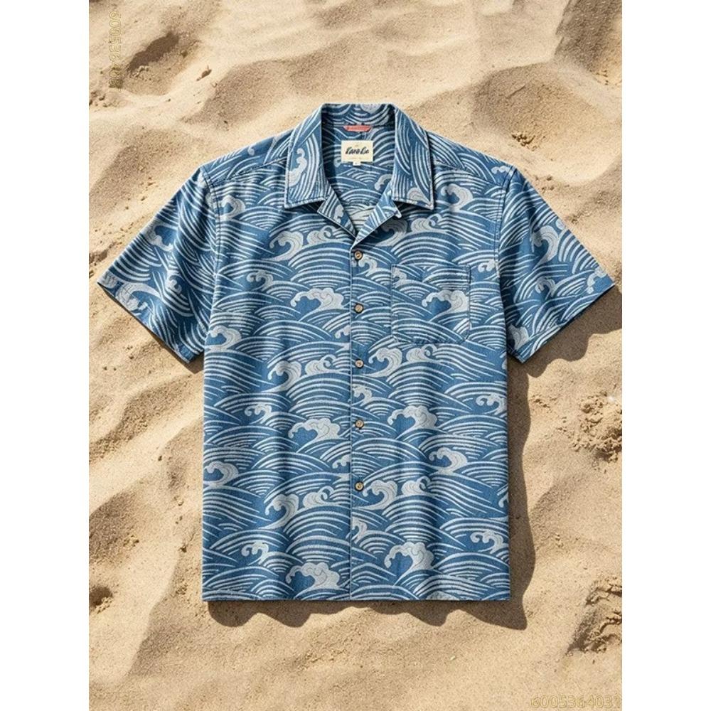 2026 New Men's Striped Sun God Totem Print Hawaiian Collar Short-Sleeve Shirt, Casual, Loose, Comfortable, and Versatile Top