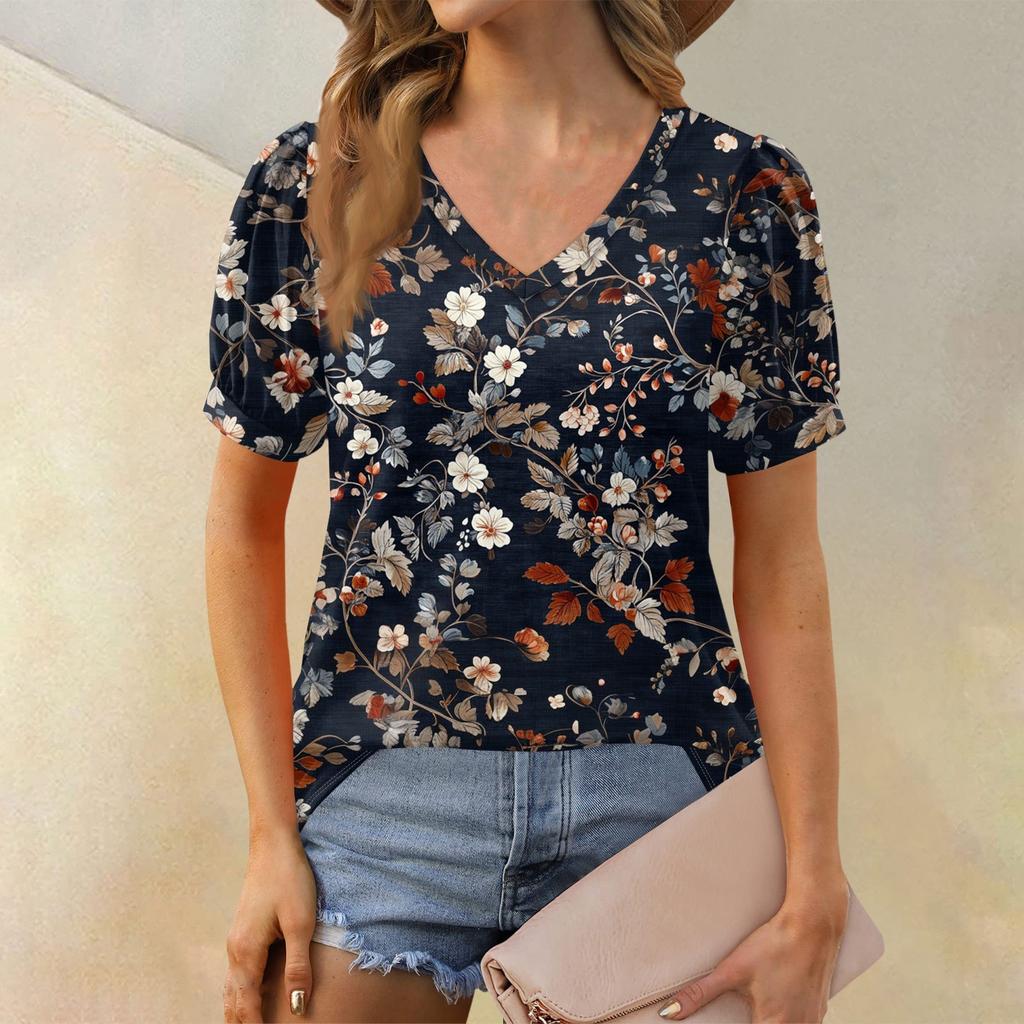 Damenmode Blumendruck Top Puff Kurzarm V-Ausschnitt T-Shirt Lose Casual T-Shirt