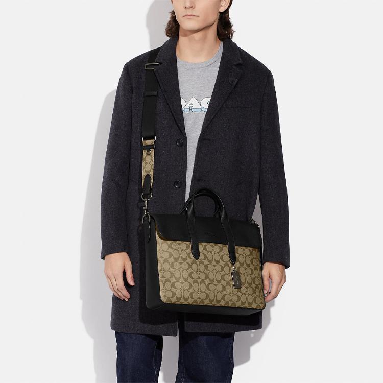 Coach Sullivan 39 Flap Large Capacity Classic Monogram Coated Canvas Pebble Leather Tote Crossbody Briefcase Men Bags Brown Black C9873-QBT4U