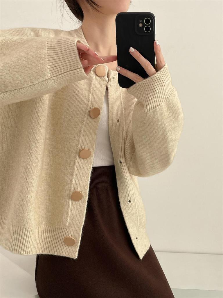 Women's Round Neck Single-Breasted Solid Color Knitted Cardigan - Autumn/Winter 2024 Korean Style