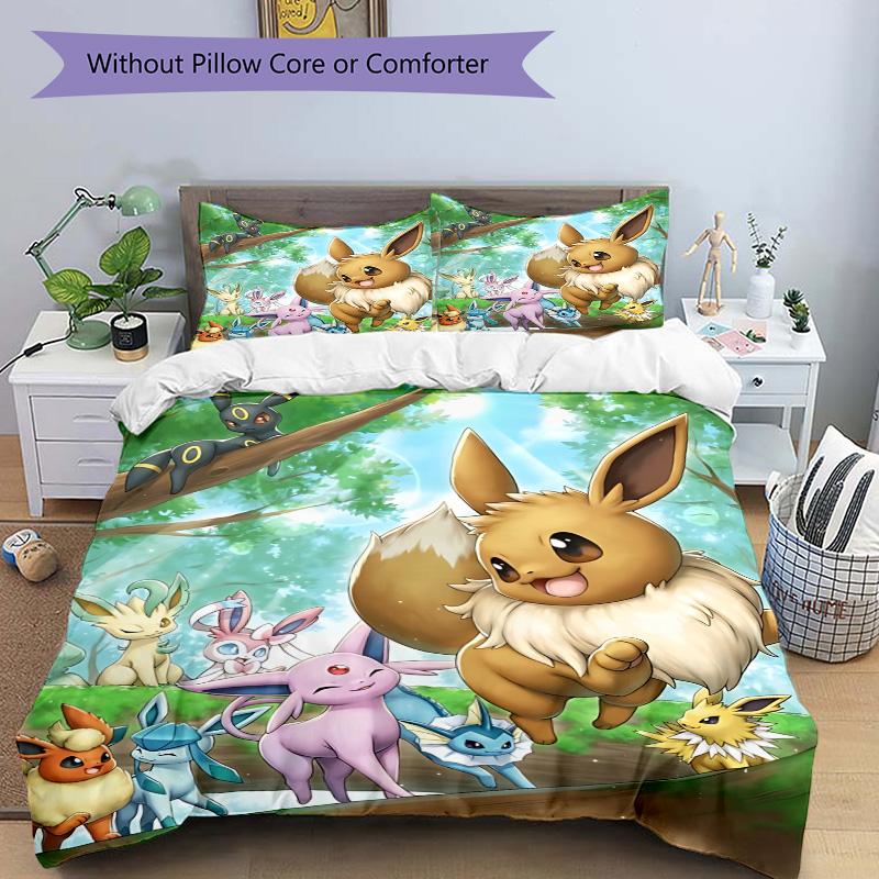 Eevee Family Adventure Print 3Pcs Bedding Setduvet Cover With 2 Bedropillowcase Home Birthday Gift