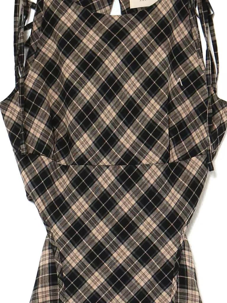 Women's Sleeveless Plaid Ruffle Fishtail Hem Dress with Tie-Up, Japanese and Mary Style, 3 Labels, 25
