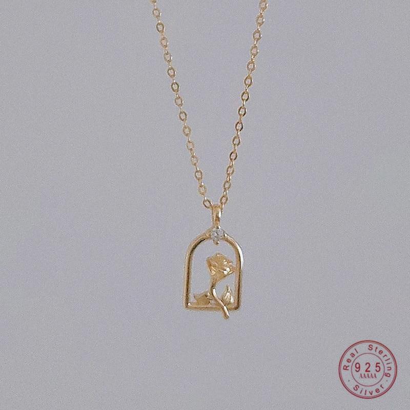 

Стерлингового серебра 925 пробы, французская креативная корзина с подвеской в ​​виде розы, ожерелье, женские ювелирные изделия 42cm+3cm золотой