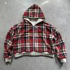 Sudadera Gris con Capucha y Cremallera con Forro de Camisa a Cuadros Aspecto en Capas