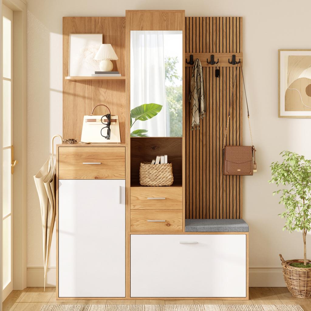 Compact Shoe Cabinet with Wardrobe, Mirror and Bench, LED Lighting with App Control, Hallway Wardrobe with Drawers and Flip-Down Shoe Compartment