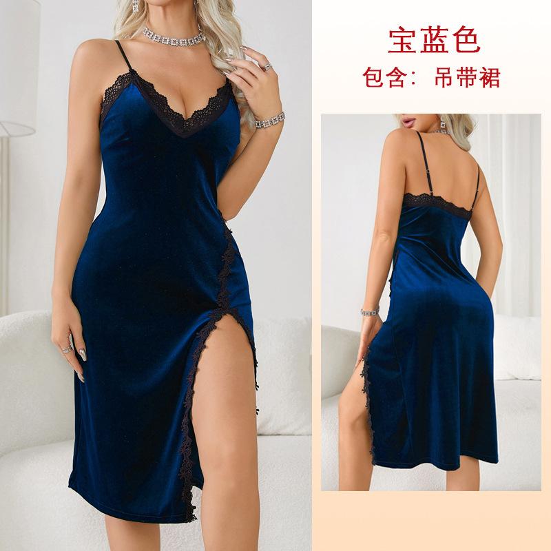 Sexy deep v pajamas women's long suspender nightgown velvet lace seduction backless