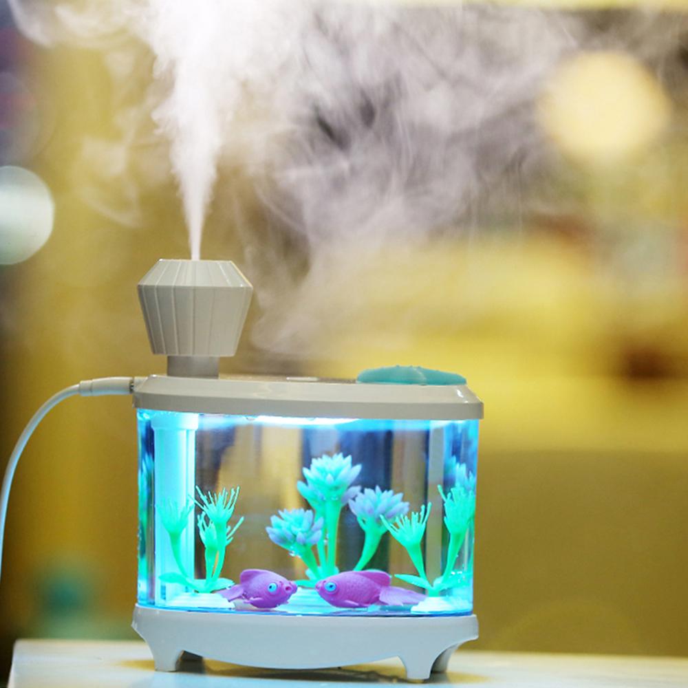 Novel Fish Tank LED Night Light Household Ultrasonic Air Humidifier Aquarium Small Cylinder Air Purifier Misting Maker