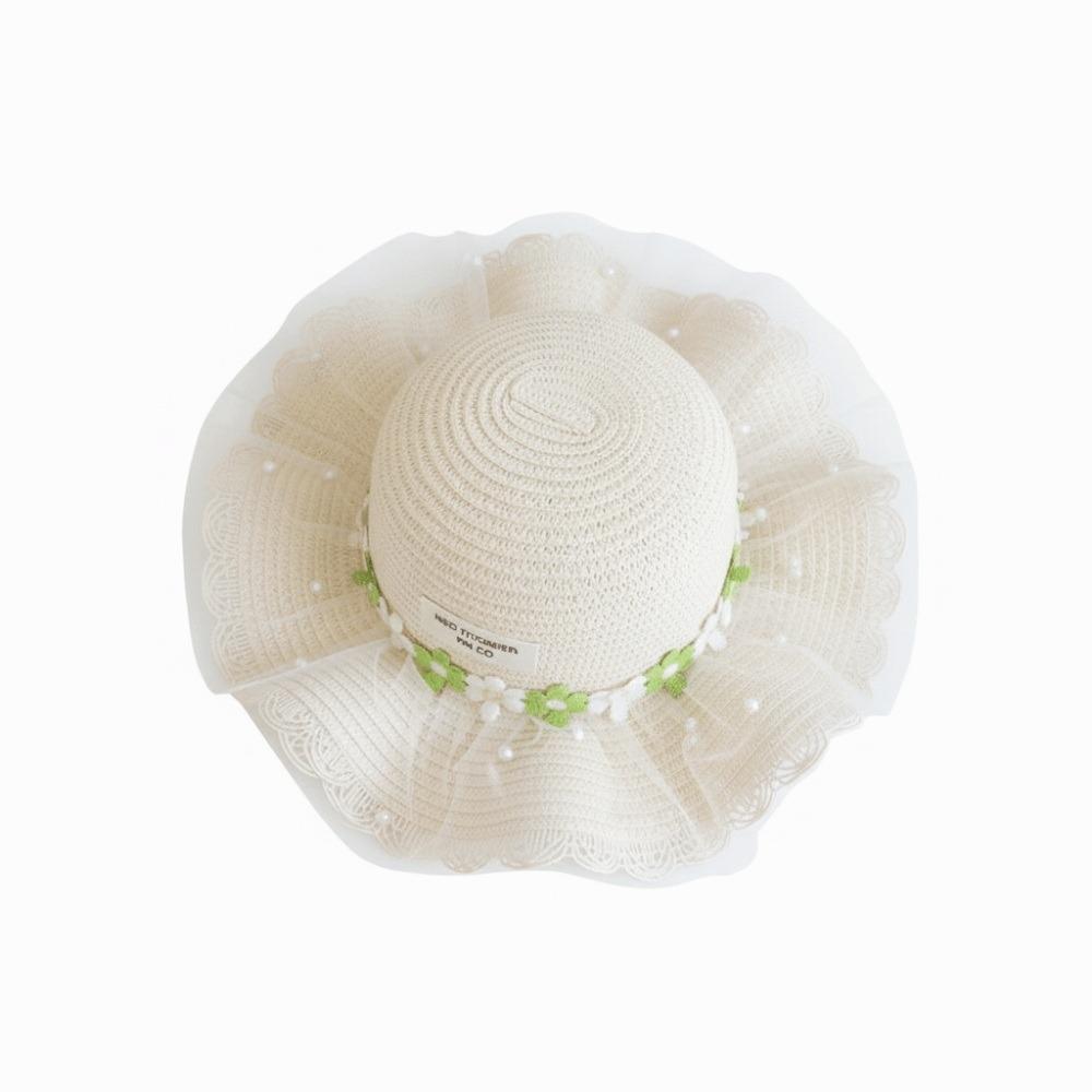 Wide Brim Children Sun Hat Pearl Decoration Breathable Material Sun Hat Straw Material Lace Trim Shoulder Bag Girls Accessories