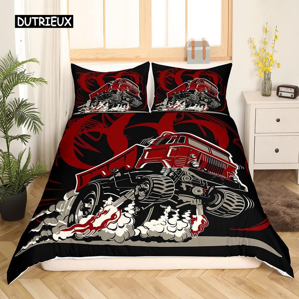 Fire Truck Duvet Cover Set Twin Size Red Firemen Car Vehicle Bedding Set Fire Engine Pattern for Boys Tire Printing Quilt Cover