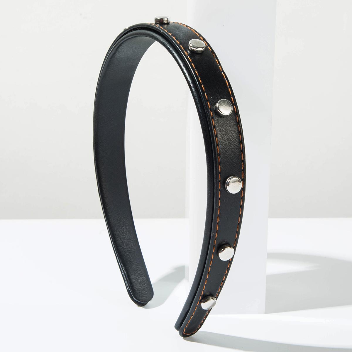 Chic Punk Leather Textured Headband Round Metal Bead Hairband Daily Streetwear Hair Accessories For Women Teen Girls чёрный