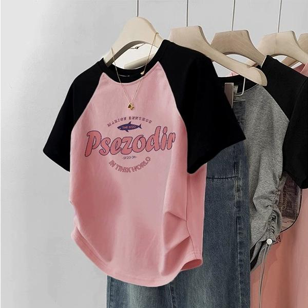 

2024 летняя футболка с буквенным принтом для женщин, одежда из чистого хлопка, футболка Harajuku, свободная короткая футболка с блокировкой цвета, топы для подруги Y2k