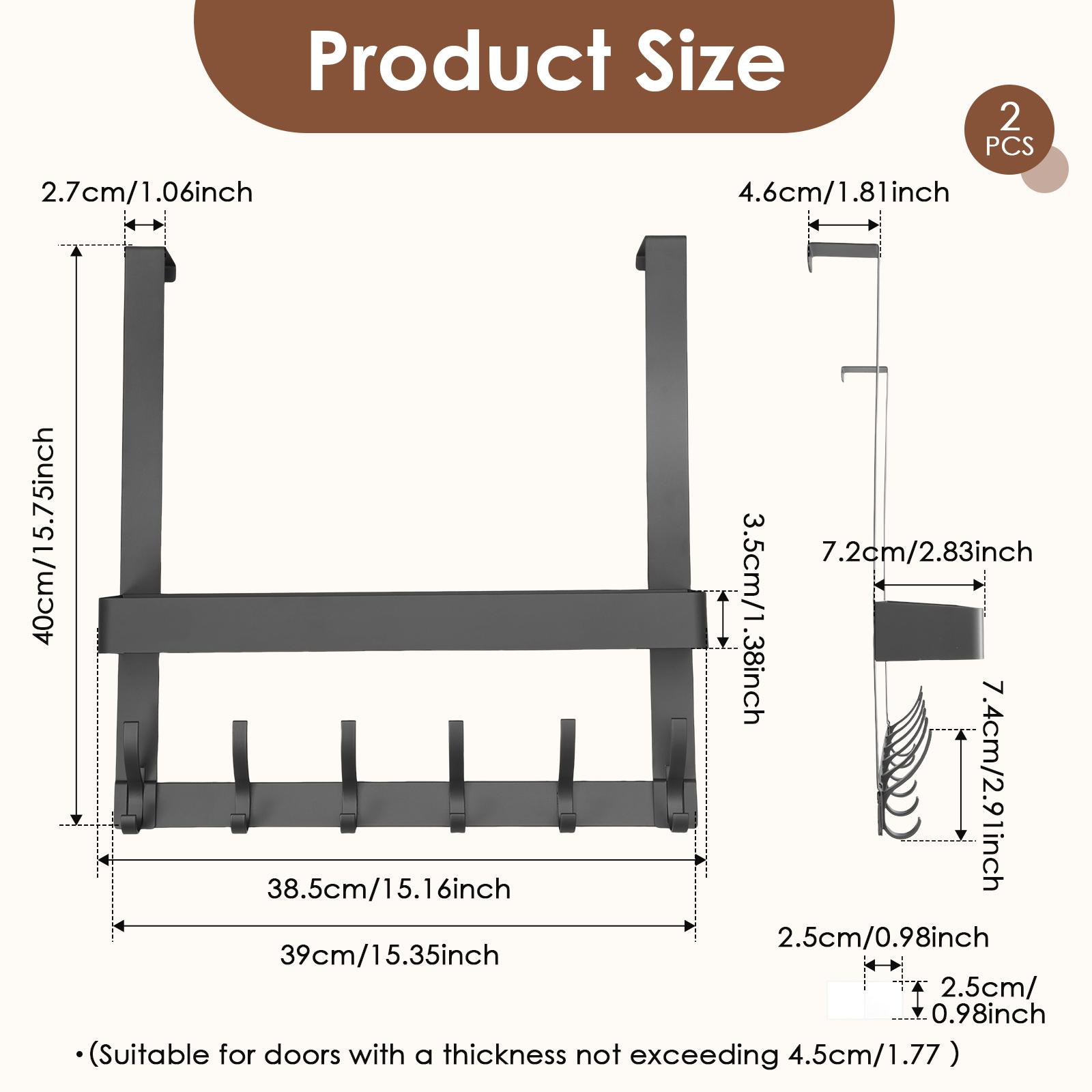 2Pcs Over the Door Organizer with 6 Hooks Aluminum No Drill Storage Rack Multi purpose Clothes Hanger for Wallet Key Towel Coats