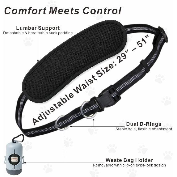Hands-Free Dog Leash for Dogs up to 130 lbs – Heavy-Duty, Shock-Absorbing Bungee Leash with Zipper Pouch, Dual Padded Handles & Adjustable Waist