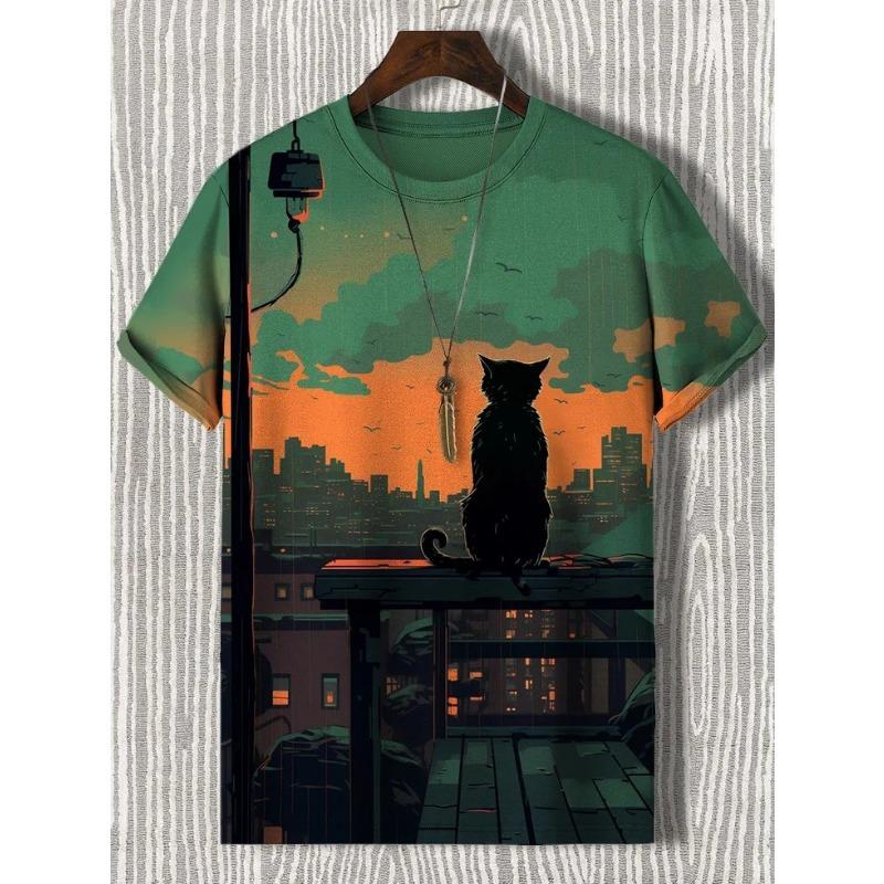 Men's Funny Animal Cat Printed T Shirt Short Sleeved Tee Tops 3D Print O-Neck Shirts Party Summer Casual Men's Clothing Apparel