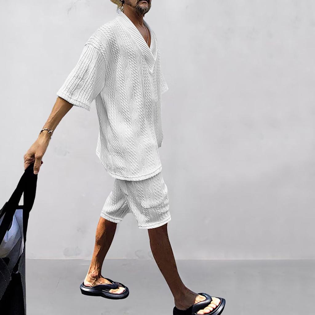 Anmurye Summer Tracksuit Short Sleeve and Casual Oversized Adjustable Solid White L Men's Set, T-Shirt Shorts, V-Neck, Fit, Comfortable, Waist, Color,